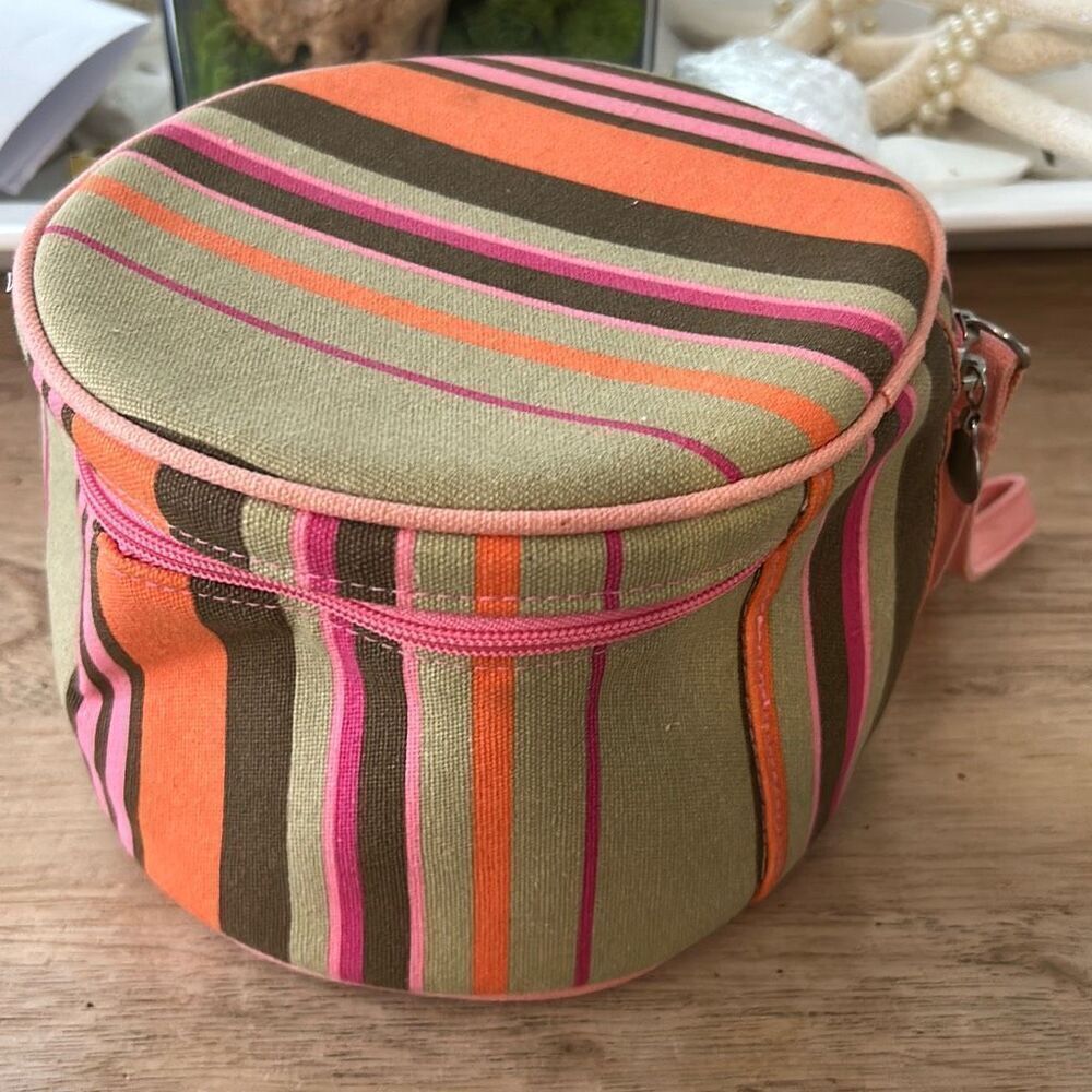 Saks Fifth Avenue Orange pink tan striped  round cosmetic bag travel bag case